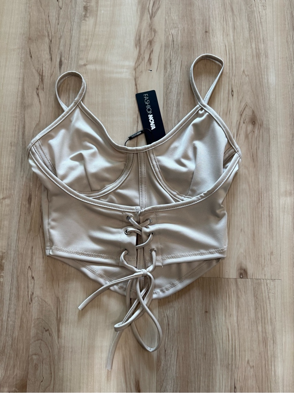 Fashion Nova Lace-Up Cropped Bustier Top in Light Beige